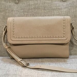 Soprano Genuine Pebbled Leather Taupe Flap Minimalist Shoulder Front Stitch Bag